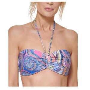 Tommy Hilfiger Paisley Bikini Bandeau Swim Bra Top Blue Large NWT $79
